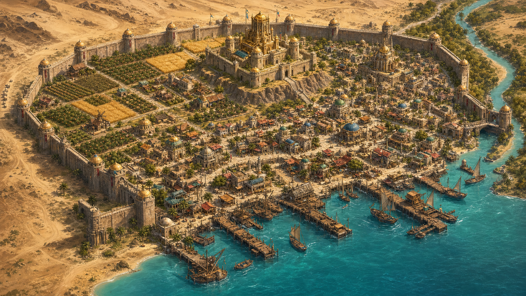 Sunlit Bahast city and harbor